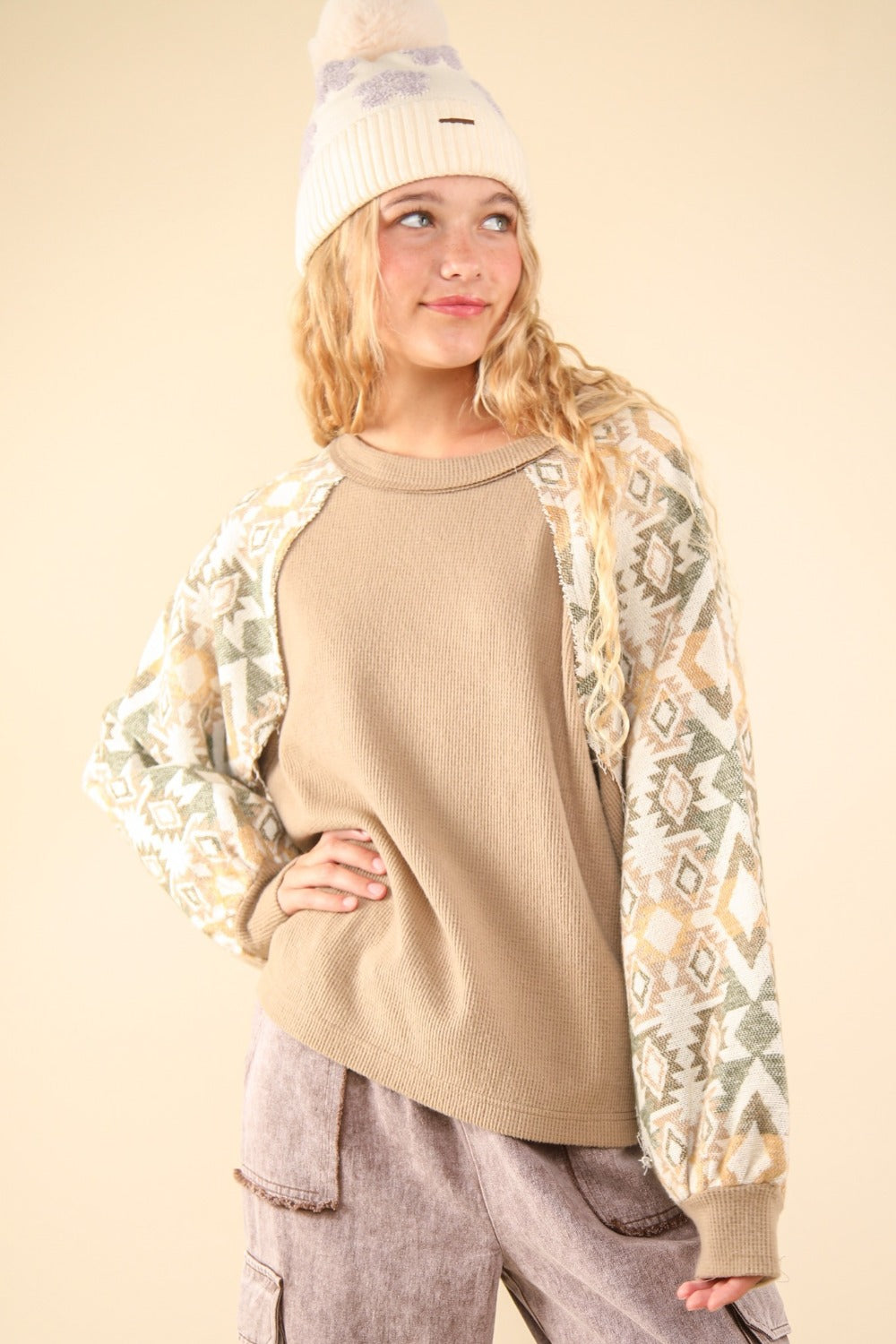 VERY J Printed Long Sleeve Round Neck Knit Top