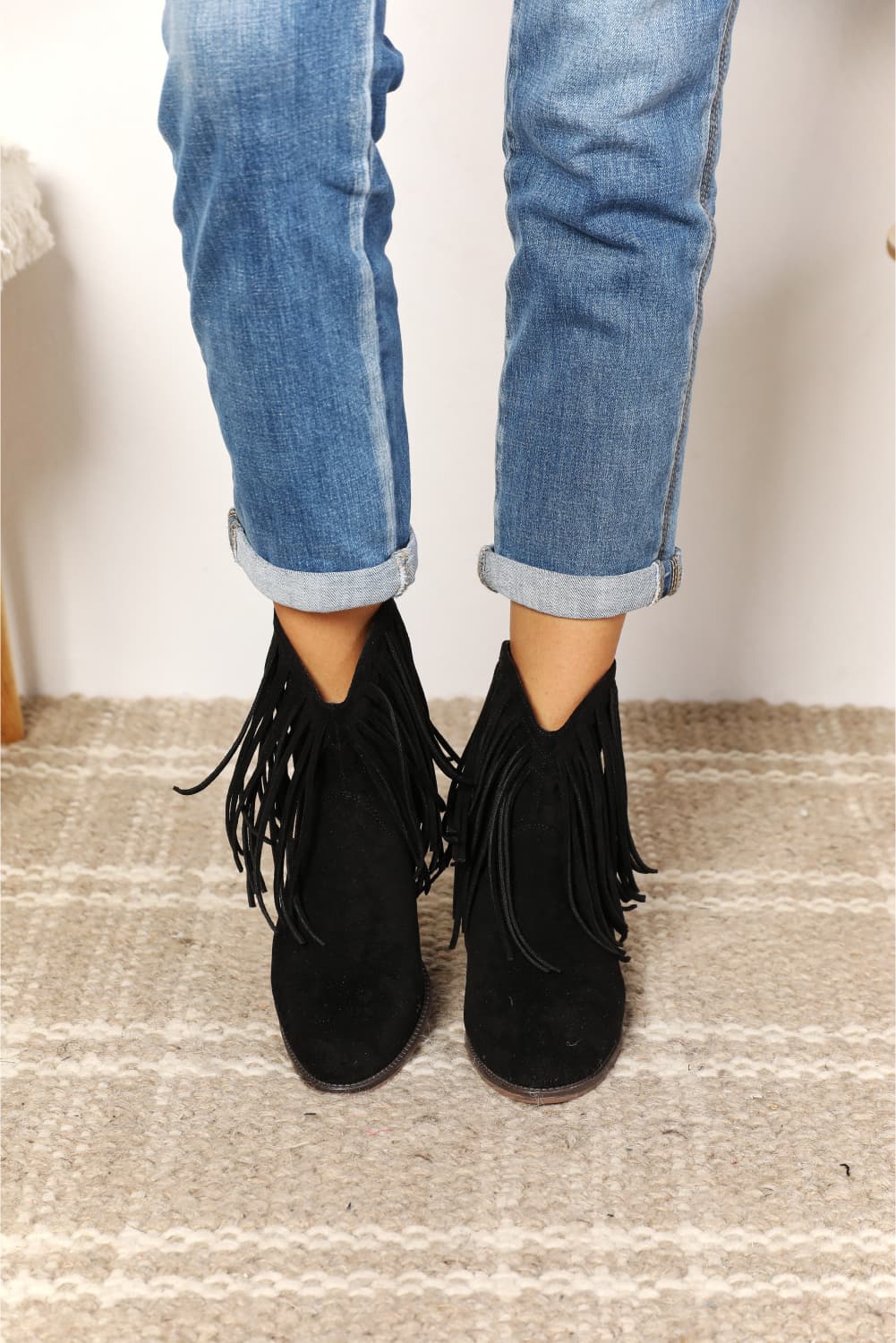 The Fringed Cowgirl Ankle Boots in Black