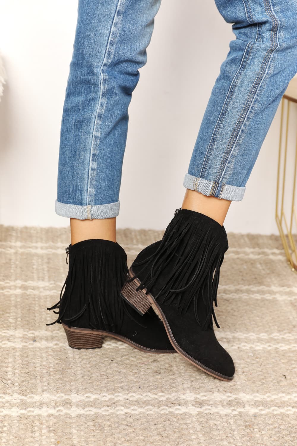 The Fringed Cowgirl Ankle Boots in Black