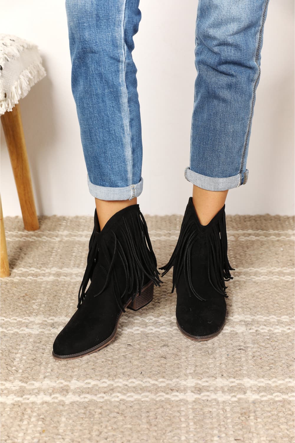 The Fringed Cowgirl Ankle Boots in Black