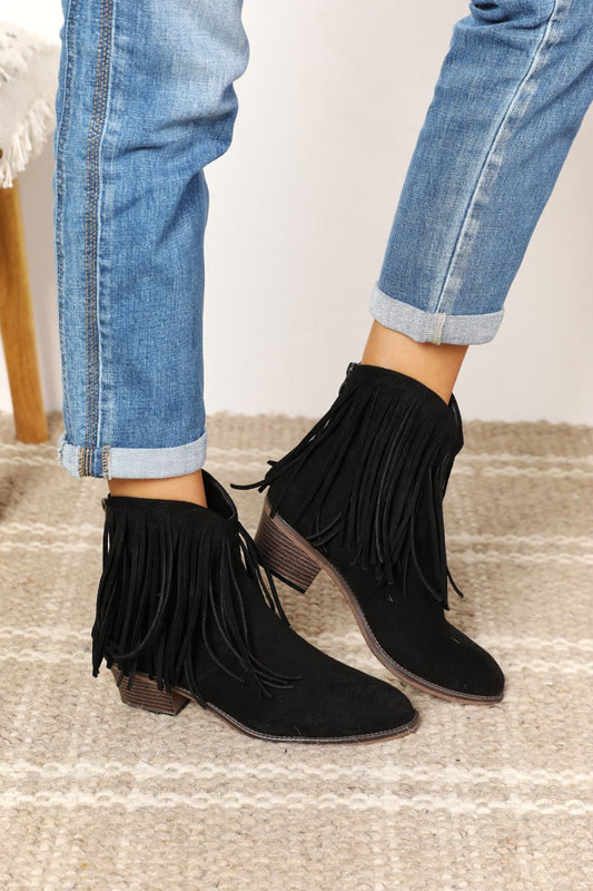 The Fringed Cowgirl Ankle Boots in Black