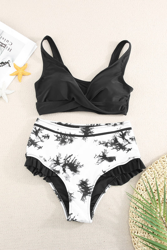 Two-Tone Frill Trim Two-Piece Swimsuit
