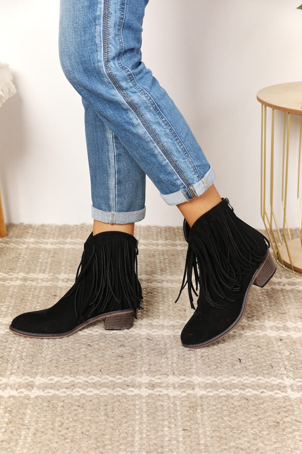 The Fringed Cowgirl Ankle Boots in Black