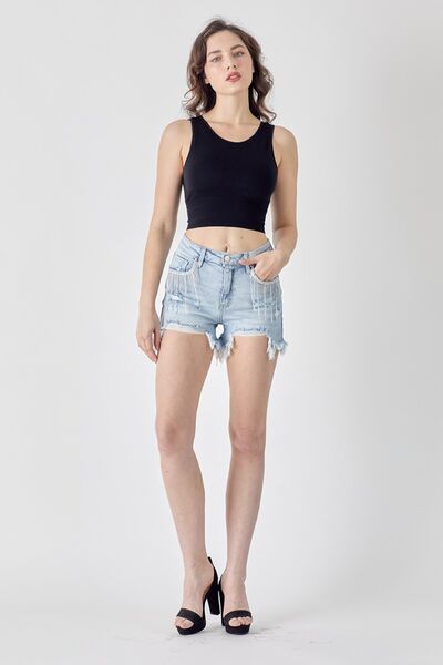 RISEN Distressed Denim Shorts with Fringe Detail