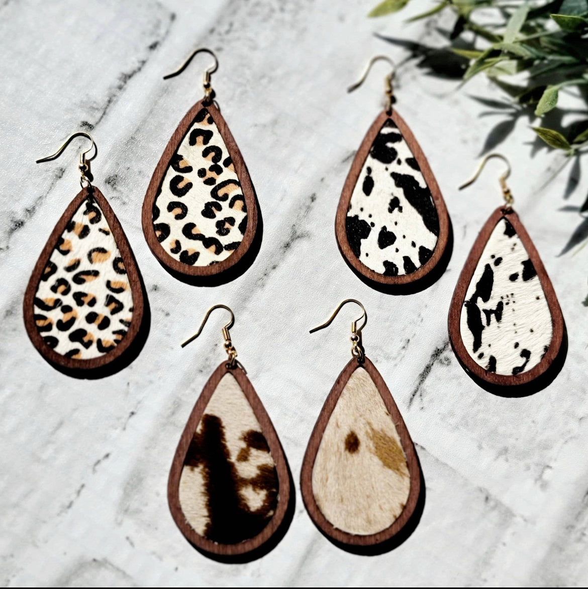 Wood & Cowhide Teardrop Earrings