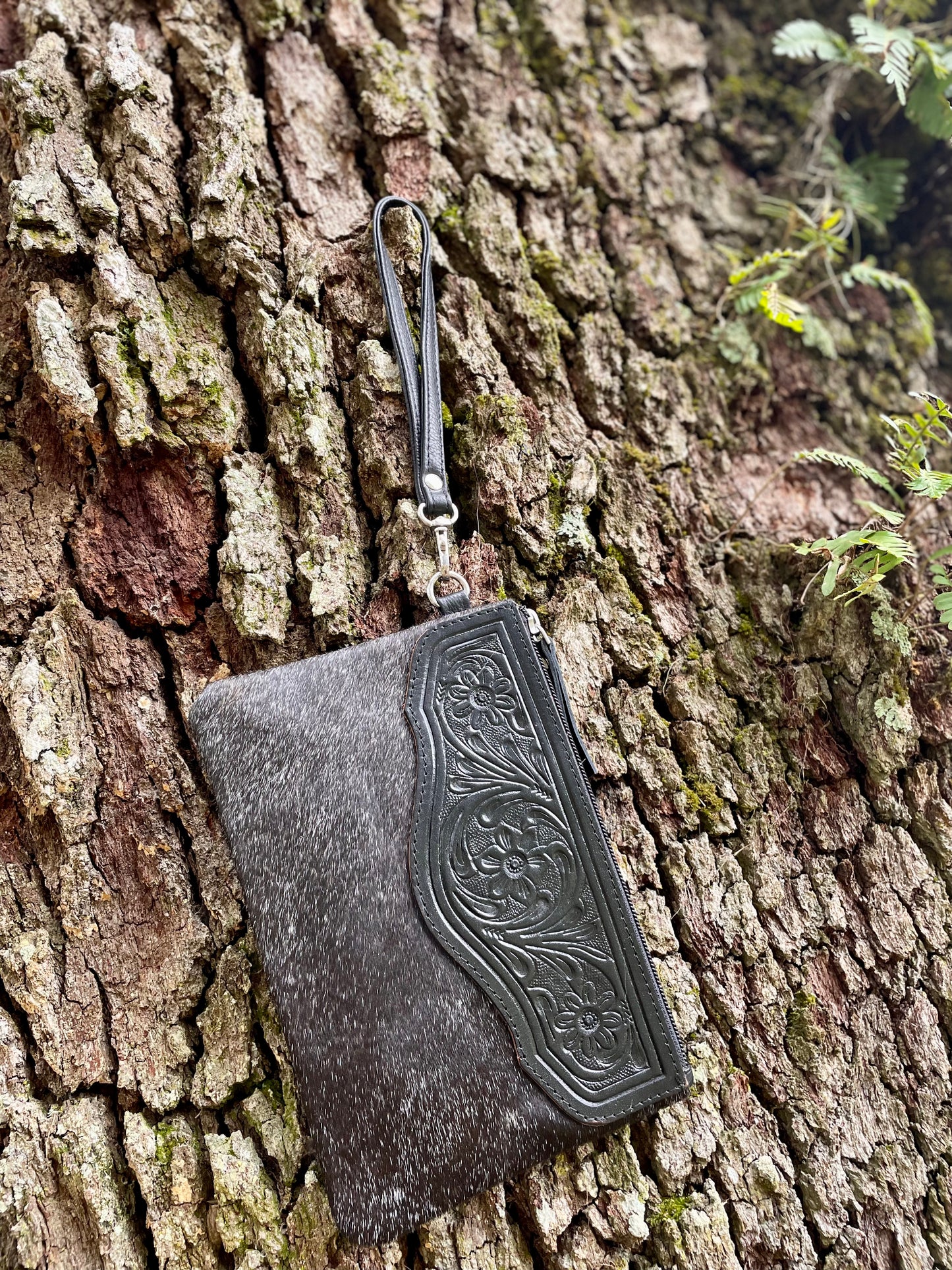 Tooled Hair-On-Hide Wristlet